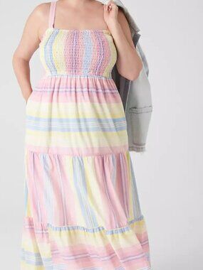 LANE BRYANT Smocked Striped Pastel Maxi 100% Cotton Dress Size 18/20
